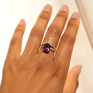 Bague ovale en argent 925 avec améthyste et placage or rose, ajustable, élégante, accessoire de mode pour fiançailles - Product Image 4