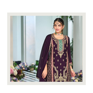 Costume élégant Salwar Kameez Palazzo en chinon lourd avec broderie complexe idéal pour les mariages et les occasions spéciales - Product Image 1