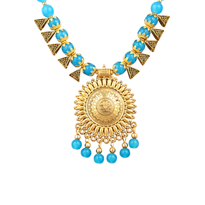 Bijoux vintage bleu ciel oxydé avec motif soleil rond doré pour les occasions festives, principalement en alliage - Product Image 6