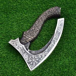 Hache à pizza Viking DIY en acier à haute teneur en carbone forgé à la main, avec manche en bois gravé et étui en cuir – Vente chaude, haute qualité - Product Image 1