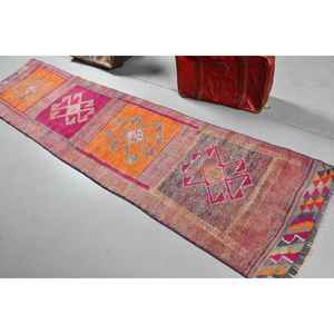 Alfombra Vintage de 2.4x9.9 pies, Alfombra Turca, Alfombra de Lana Abstracta Rosa Naranja - Product Image 4