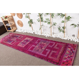 Vintage Rug, 2.8x10 ft <b>Runner</b> Turkish Rug, Herki <b>Red</b> Purple Check Rug - Product Image 2