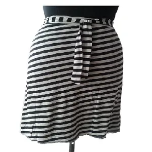 Beautifully breathable Knee Length Straight Skirt Black and White Striped Skirt with Self Pattern Belt for Girls and Women