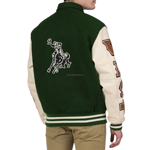 Veste universitaire western unisexe, corps en laine, manches en cuir, col rond, patchs de cowboy, broderie patchwork, écologique, vintage, rodeo - Product Image 2