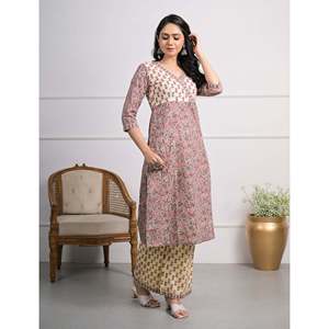 For Cream Purple Hand-Drawn <b>Block</b> <b>Printed</b> Cotton Pant Set of 2-Salwar Kameez - Product Image 4