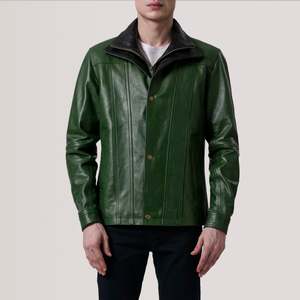 Klen Green Classic Vintage <b>Jacket</b> XS Size Cowhide Leather <b>Sheepskin</b> Zippered Closure Hooded Embroidered Pattern Casual College - Product Image 5