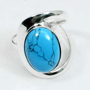 Boho <b>Statement</b> <b>Ring</b> Synthetic Blue Turquoise Gemstone Oval Cabochon 14x10mm 92.5 Sterling <b>Silver</b> Platinum Plated Rhodium Fine - Product Image 3