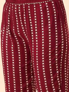 Mujeres Maroon motivos étnicos impreso cuello en V puro algodón Kurta con pantalón indio pakistaní salwaar kameez traje - Product Image 4