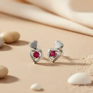 Boucles d'oreilles tendance en argent avec cœur en rubis pour femmes, plaquées rhodium avec zircon, perle, diamant, cadeau religieux pour fête, bijoux - Product Image 3