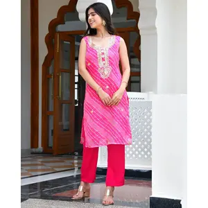 Ensemble Kurta en tricot rose Leheriya pour femmes, vêtements ethniques indiens traditionnels, imprimé Jaipur, Kurta, pantalon, dupatta, usage festif et décontracté - Product Image 3