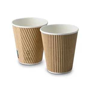 Biodegradable <b>Round</b> Ø 90 Mm 10Oz 250Ml Brown Ripple Insulated Paper Cups Large Office Takeaway Mugs - 500 pcs/carton - Product Image 2