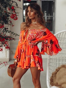 off the Shoulder Floral Print Chiffon Plus Size Women <b>Summer</b> Bohemian Loose Mini Casual <b>Dress</b> with Slash Neck - Product Image 2