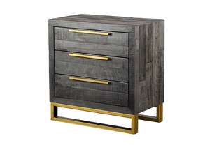 Table de chevet en bois vieilli noir personnalisé 3 tiroirs base en métal doré chambre à coucher salon en bois recyclé moderne - Product Image 6