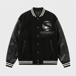 แจ็คเก็ตบอมเบอร์สีดำพรีเมียม แขนหนังแท้ เสื้อโค้ทบอมเบอร์แบบ Letterman สั่งทำพิเศษ กระดุมแป๊กด้านหน้า คอเสื้อแบบริบ - Product Image 1