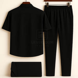 Ensemble deux pièces en coton pour hommes Chemise à manches courtes et pantalon à taille élastique | Vêtements décontractés respirants | Conception personnalisée OEM - Product Image 5