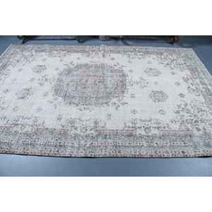 Alfombra de 6.4x9.9 pies, Alfombra Turca Vintage, Alfombra de Lana con Diseño Floral Blanco y Azul - Product Image 3