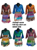 Indisches Boho-Design Vintage Seiden-Sari 2-teiliges Top-Set mit Rock für Damen Spitze Reißverschlüsse Knöpfe Digitaldruck Waschbar Hochwertig