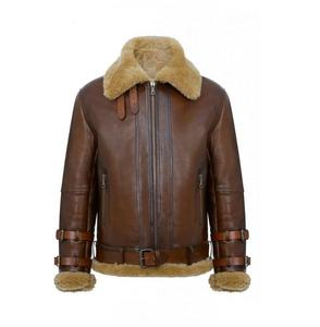 Veste en cuir véritable marron à col long en fourrure de mouton douce et polie à la main, style vintage, hiver, tendance masculine, design en peau de mouton - Product Image 1
