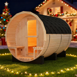 Sauna Tradicional de Barril de Pino Blanco para 6 Personas con Estufa de 6KW, Tejas Impermeables y Dos Bancos de Porche - Product Image 1