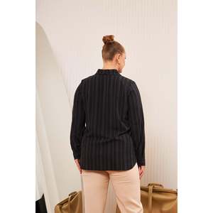 Camisa de Manga Larga a Rayas Negras para Mujer, Talla Grande, con Botones, Bolsillo en el Pecho y Aberturas Laterales, 100% Poliéster Tejido - Product Image 6