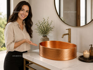 DIVRIS Lavabo en cuivre martelé fait main, rond, à cuve unique, pour comptoir, surface polie rustique, finition mate, modèle DRC-2030 - Product Image 6