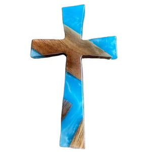 Cruz de pared de madera de mango de resina azul Cruz de madera religiosa decorativa Primera comunión Regalo de inauguración de la casa Crucifijo de resina epoxi - Product Image 1