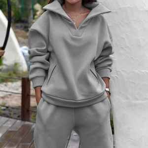 Conjunto de chándal para mujer, además de sudaderas de lana, conjunto de dos piezas, Otoño Invierno, informal, de gran tamaño, sólido, traje deportivo para mujer, pantalón largo - Product Image 5