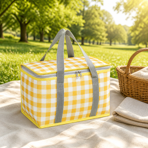 Insulated <b>Picnic</b> <b>Bag</b> Oxford Cloth Large Capacity Outdoor Portable Cooler Storage Tote Yellow Checkered Pattern - Product Image 2