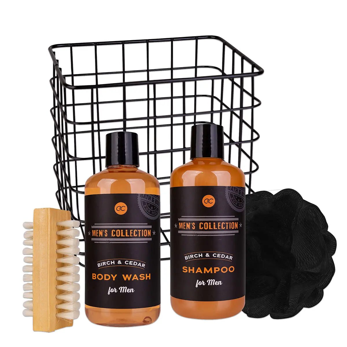 Accentra Gift Set MEN'S COLLECTION In Wire Basket 300ml Body Wash 300ml Shampoo 15g Mesh Sponge Nail Brush Birch Cedar