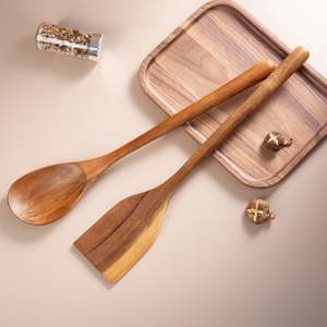 Utensilios de madera de lujo Juego de cucharas de cocina de 2 piezas Cucharas de madera multiusos hechas a mano para cocinar y servir ensalada - Product Image 3