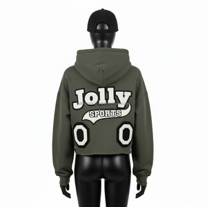 Sweat à capuche court pour femme en tissu polaire brossé 300GSM, ton olive, construction lisse, logo personnalisé, appliqué, travail de couture - Product Image 2