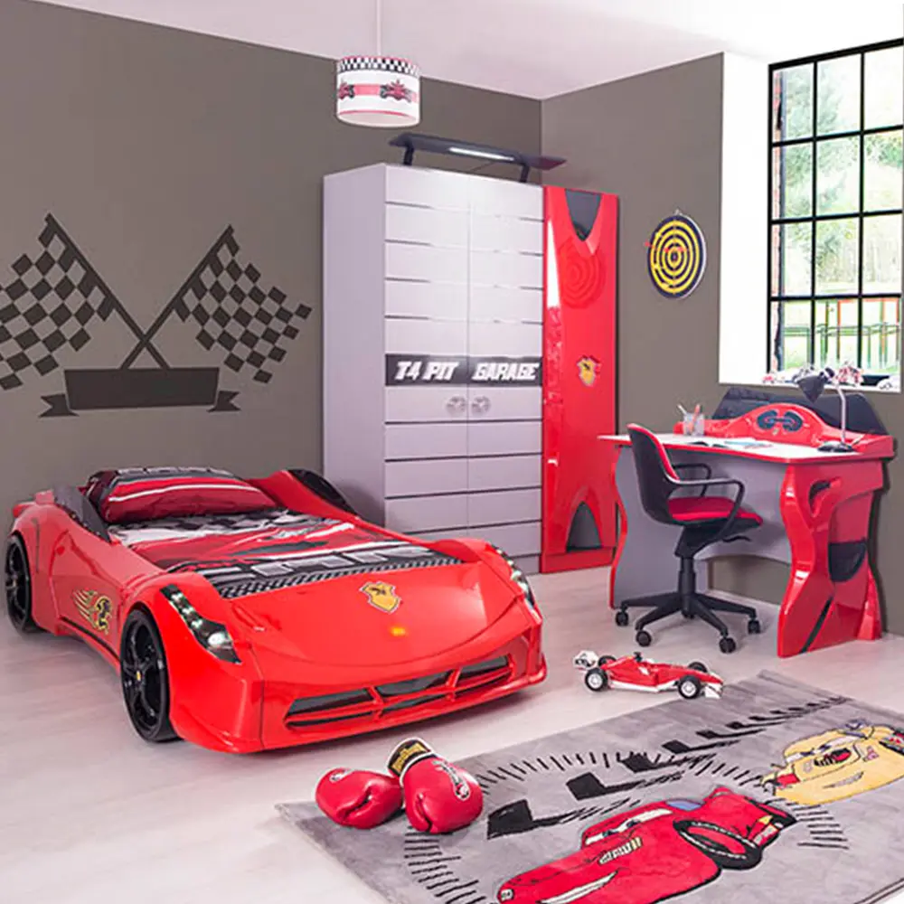 Formula Kids bedroom furniture with race car bed, Racer kids furniture, children bedroom furniture, red kids room, car kids room