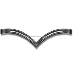 Bande de front de cheval en cuir anglais noir en forme de V profond avec coutures de rembourrage doux et strass à une rangée de cristaux bande de front bling - Product Image 1