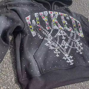 Sudadera con capucha de diamantes de imitación completa personalizada French Terry Heavy Weight Silk Screen Printed Logo Hoodies Zip up Acid Wash Hoodies Hombres - Product Image 5