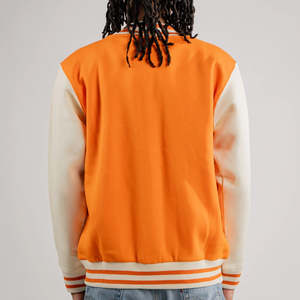 Veste universitaire unie orange en gros, 100 % laine, manches en cuir beige, grande taille, style baseball, pour l'hiver - Product Image 6