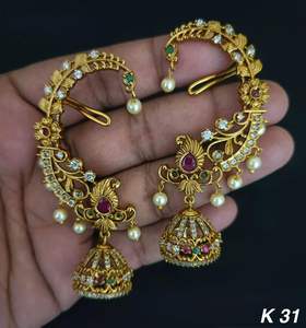 Designer Traditional Temple Elegant Ear Cuff <b>Earrings</b> with <b>Jhumka</b> & Pearl Drops | Gold Plated CZ Stone Indian Jewelry for Women - Product Image 2