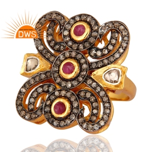 แหวนเงินแท้18K ชุบทองเพชรธรรมชาติและพลอยทับทิมแหวนวางซ้อนกันได้เครื่องประดับสำหรับผู้หญิง - Product Image 2