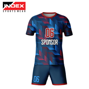 Ensemble de maillots de volley INDEX bleu à imprimé géométrique sublimé, col rond, manches courtes, évacuation de l'humidité, unisexe adulte - Product Image 4
