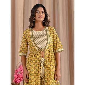 Conjunto de Dos Piezas de Algodón Estampado Amarillo, Top de Manga Corta con Cordones, Talla XS, Trajes de Oficina para la Temporada de Verano - Product Image 1