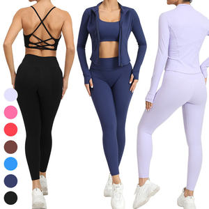 Ensemble de yoga pour femmes en gros, 3 pièces, vêtements de sport, veste de course, soutien-gorge de sport, leggings taille haute, rayé, uni, respirant - Product Image 2