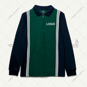 Polo à manches longues en coton avec panneau contrasté sportif personnalisé, fermeture éclair mi-longue, design à rayures athlétiques et tissu doux et confortable - Product Image 1