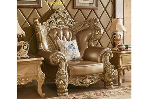 Muebles de Sala de Estar Clásicos de Lujo, Juego de Sofás de Madera de Caoba Tallada a Mano con Mesas en Acabado Dorado - Product Image 5