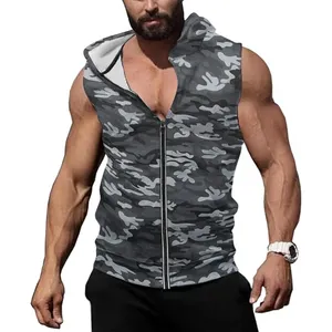 Camiseta sin mangas con capucha transpirable Camo para hombre con bolsillos Chaleco personalizado Fitness Zip-Up Venta al por mayor Camisetas sin mangas de entrenamiento