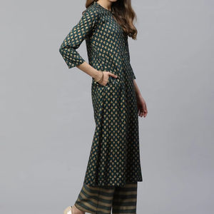 Conjunto de traje Palazzo con estampado Kurta y Ajarak verde botella sólida de algodón flameado para mujer para ropa Formal de verano - Product Image 1