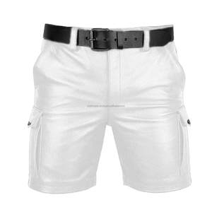 Mens Genuine Leather <b>Shorts</b> <b>White</b> Biker Style Multi Pocket Utility for Outdoor Streetwear Casual Wear - Product Image 1