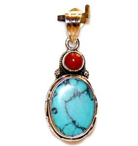 Bijoux du Népal, pendentif en forme de goutte en argent sterling 925, serti de turquoise, de corail, de cristal de guérison, style bohème, plaqué rhodium - Product Image 4