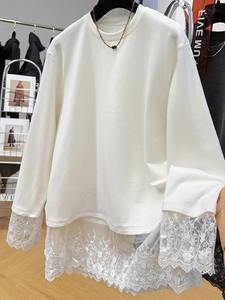 เสื้อยืดโอเวอร์ไซส์ผู้หญิง ผ้าเจอร์ซีย์ แต่งผ้าลูกไม้ ลายพิมพ์เรียบง่าย แขนยาว สวมใส่สบาย เหมาะสำหรับฤดูใบไม้ร่วงและฤดูหนาว - Product Image 2