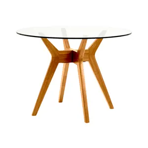 Round Dining Table With Top Glass Solid Teak Wood Natural Finish For Dining Room Furniture Design