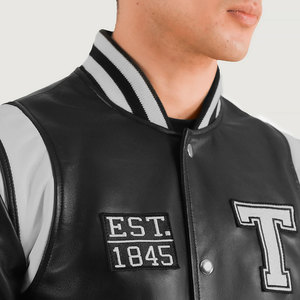 <b>Men's</b> PU Leather Varsity <b>Jacket</b> Preppy Style Turn-down Collar Single Breasted <b>Letter</b> T Patch Design Black White Stripes - Product Image 5
