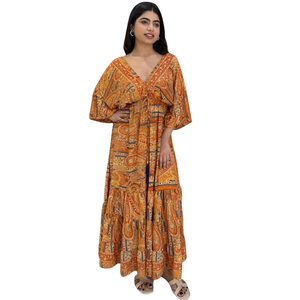 Robes décontractées d'été en soie taille unique, coupe trapèze, col en V, taille élastique, motif floral, paisley, pois, lavables, écologiques, tissées - Product Image 1